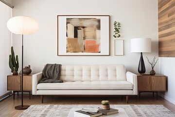 White Sofa Mid-century Room: Laminate Board Flooring, Cushioned Seating, Chic Lamp