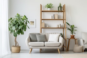 White Sofa Mid-century Room: Nordic Plant Decor & Minimalist Touches