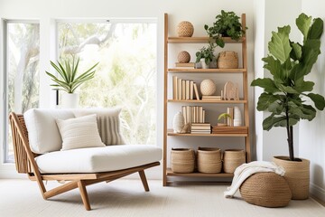 White Sofa Mid-century Room: Rattan Chair, Roomy Layout & Wooden Shelving Unit Charm