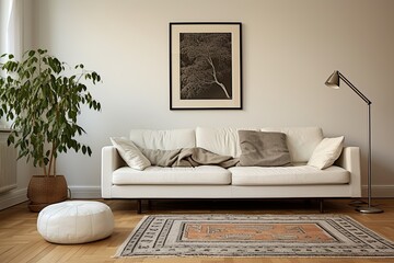 White Sofa Mid-century Room: Scandinavian Rug & Wooden Floor Elegance