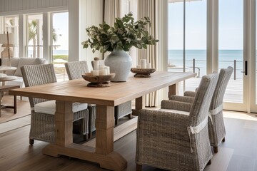 Fototapeta premium Coastal Chic: Stunning Wooden Dining Table Designs for Living Rooms by the Sea