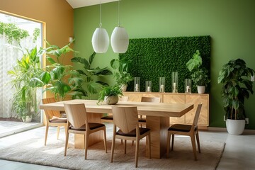 Green Wall Dining: Wooden Table Designs Amid Lush Plant Decor Room