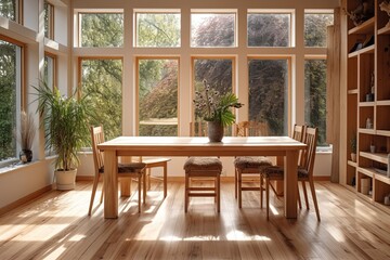Sunny Room Bliss: Wooden Dining Table Designs with Big Windows