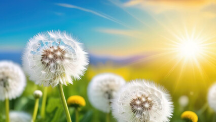 Dandelion flowers on the background of the bright sun and the blue sky