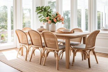 Fototapeta premium Coastal Rattan Chairs and Rug on Wooden Dining Table Set - Beach House Bliss