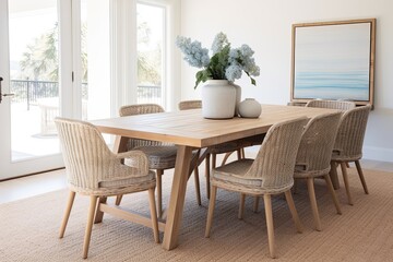 Coastal Charm: Wooden Dining Table with Rattan Chairs and Rug Display