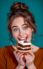 A smiling woman holds out a saucer with a tasty slice of cream and chocolate cake - 740624987