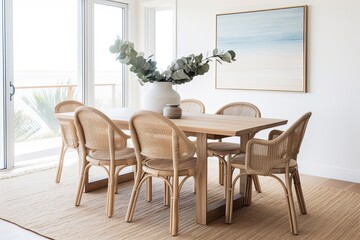 Fototapeta na wymiar Wooden Dining Table Set: Coastal Rattan Chairs and Rug Oasis