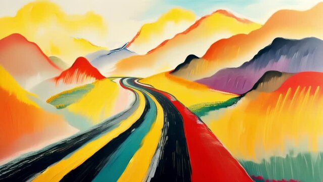 painted landscape with a road going into the distance
