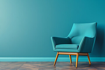 Living room interior with blue empty mock up wall and blue armchair. Template. Copy space.