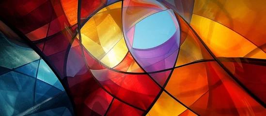 Foto op Plexiglas A mouthwatering closeup of a symmetrical stained glass window featuring vibrant tints and shades of magenta and electric blue, forming intricate geometric shapes like triangles © TheWaterMeloonProjec
