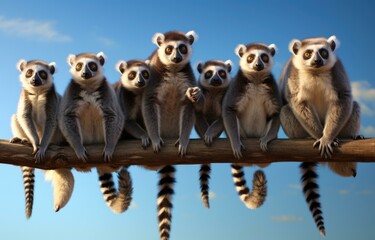 Lemurs sitting on a branch with blue sky background. Generative AI. - Powered by Adobe