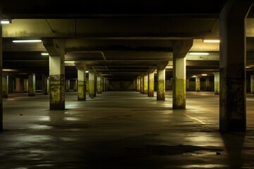 An empty parking garage with yellow lights. Generative AI.