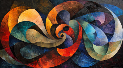 Swirling colors and geometric shapes collide and merge, depicting the balance and tension between randomness and structure. Abstract wallpaper.