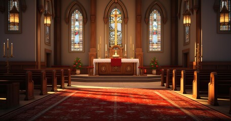 A church with a red carpet and a large altar. Generative AI. - obrazy, fototapety, plakaty