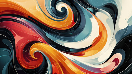Swirling colors and geometric shapes collide and merge, depicting the balance and tension between randomness and structure. Modern abstract wallpaper art.