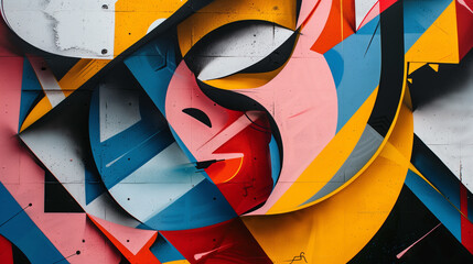 Swirling colors and geometric shapes collide and merge, depicting the balance and tension between randomness and structure. Abstract wallpaper art.