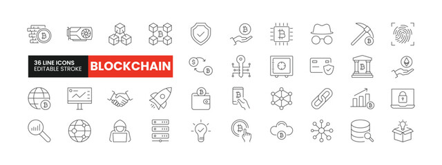 Set of 36 Blockchain line icons set. Blockchain outline icons with editable stroke collection. Includes Blockchain, Bitcoin, Graphic Card, Innovation, Data, and More.