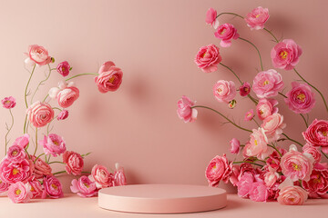Blank round podium and pink ranunculus flowers against pink wall. Showcase for product and cosmetic presentation. Mock up. Template. Copy space.