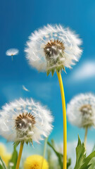 Dandelion flowers on the background of the blue sky and clouds