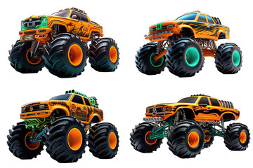 Orange monster truck on white transparent background