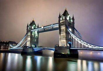 The bridge spans the River Thames, which appears dark in the night. - obrazy, fototapety, plakaty