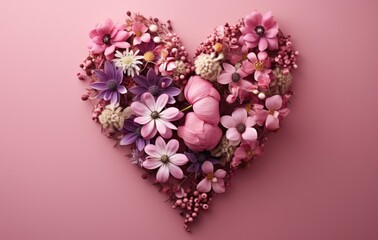 Fototapeta premium Heart shaped arrangement of flowers on pink background. Generative AI.