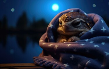 Owl in a blanket at night. Generative AI.