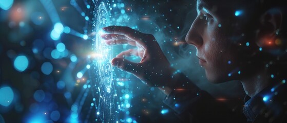 Close-up of a focused man interacting with a futuristic, digital interface with glowing elements and abstract shapes.