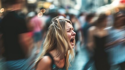 Woman crying at the street with many people surrounding her, blurred motion