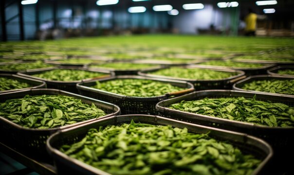 Baskets of green tea leaves are being processed in a factory. Generative AI.