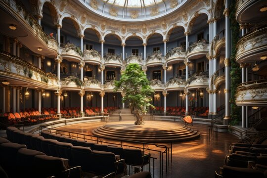 Step into the world of classical elegance with a concert hall background, featuring ornate details, sweeping balconies, and an atmosphere, Generative AI
