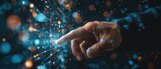 Close-up of a focused man interacting with a futuristic, digital interface with glowing elements and abstract shapes.