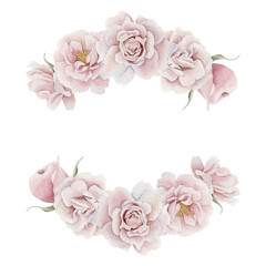 Composition of pink rose hip flowers. Victorian style rose. Floral watercolor illustration