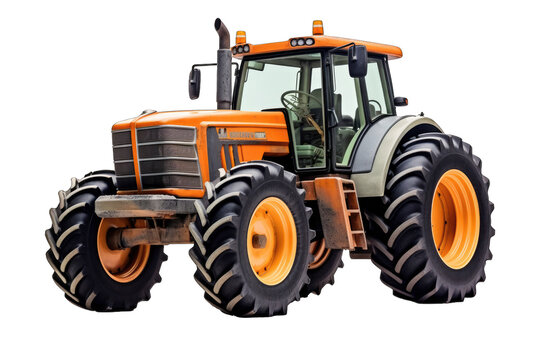 An orange tractor with big tires on a white transparent background
