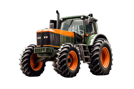 An orange tractor with big tires on a white transparent background