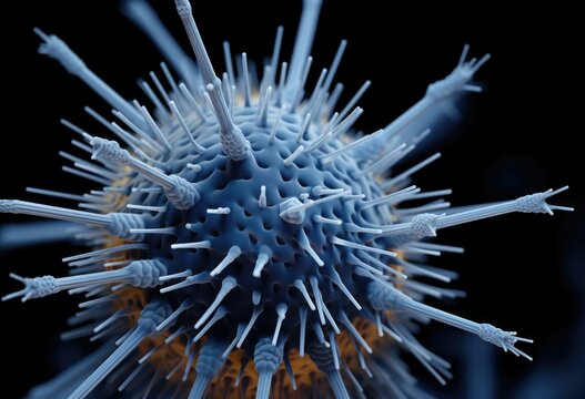 A close up of a virus on a black background. Generative AI.