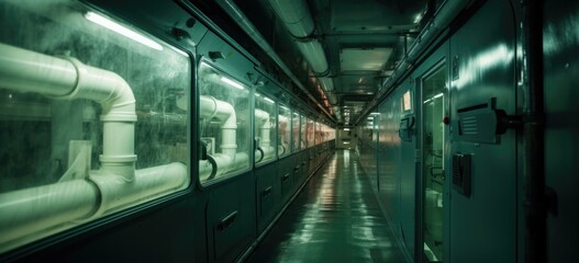 Obraz premium A long hallway with pipes and lights. Generative AI.