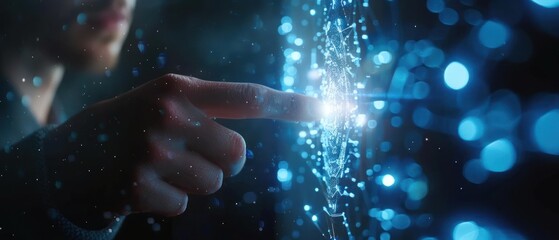 Close-up of a focused man interacting with a futuristic, digital interface with glowing elements and abstract shapes.