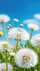 White dandelion flowers on green meadow over blue sky background