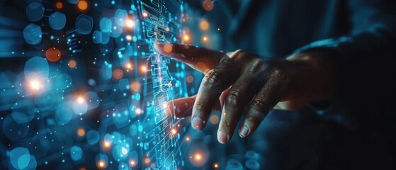 Close-up of a focused man interacting with a futuristic, digital interface with glowing elements and abstract shapes.