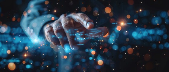 Close-up of a focused man interacting with a futuristic, digital interface with glowing elements and abstract shapes.
