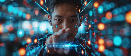 Intense young man concentrating on a colorful, futuristic virtual data interface, surrounded by digital information and graphics. - obrazy, fototapety, plakaty