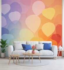 A living room with a colorful wall mural. Generative AI.