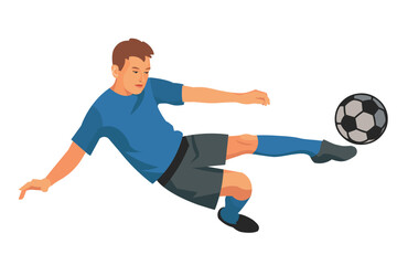 Isolated boy figure of a school football player in a blue sports uniform jumps to hit the ball