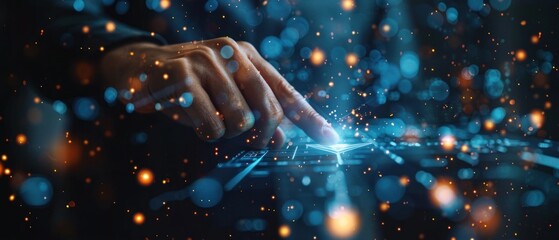 Close-up of a focused man interacting with a futuristic, digital interface with glowing elements and abstract shapes.