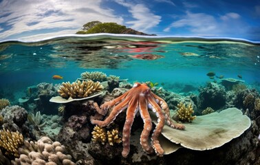 An octopus and coral reef in the ocean. Generative AI.