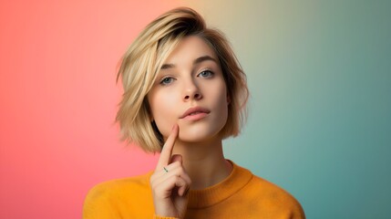 Closeup studio shot of a beautiful young woman with short blonde hair, she has a curious and thoughtful face expression. Thinking of an idea to solve a problem, female innovation and creativity