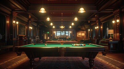 A Snooker Pool Table With Dim Light Featuring Billiards Balls Background. 3d Rendering
