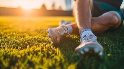Closeup of a male soccer player legs and feet, wearing soccer shoes and shorts, sitting on a grass field outdoors on a sunny summer day. Stretching or warming up, preparing for team training outside  - obrazy, fototapety, plakaty
